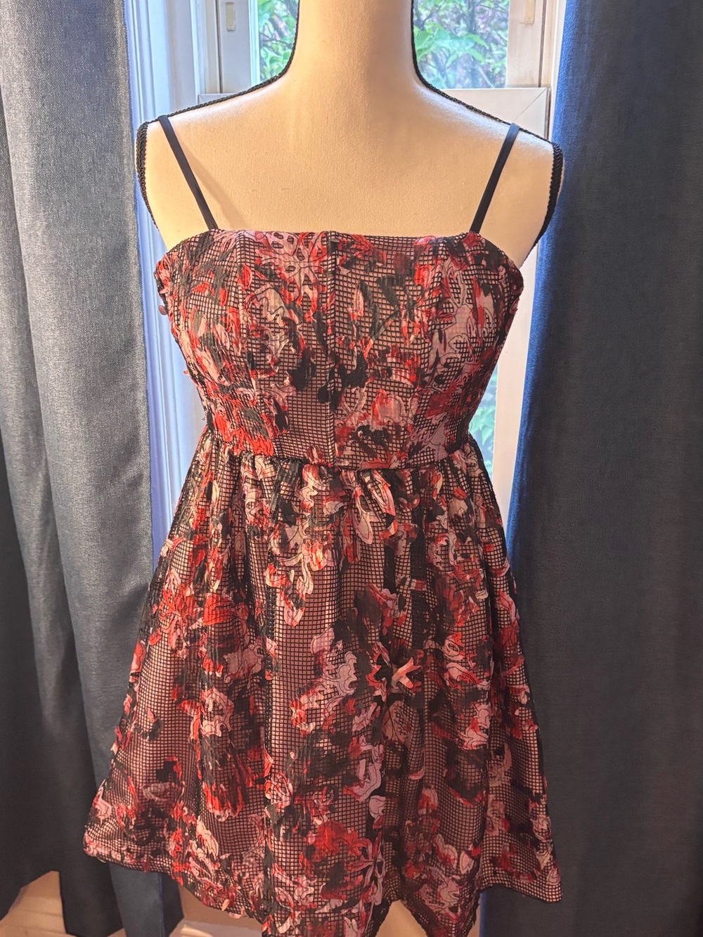 Violet Kay Red and Black Floral Mini Dress with Spaghetti Straps